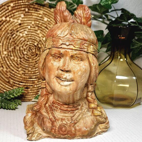 Vintage Native American Indian Woman Statue Swirl Clay Resin Carved Sculpture - Picture 3 of 16